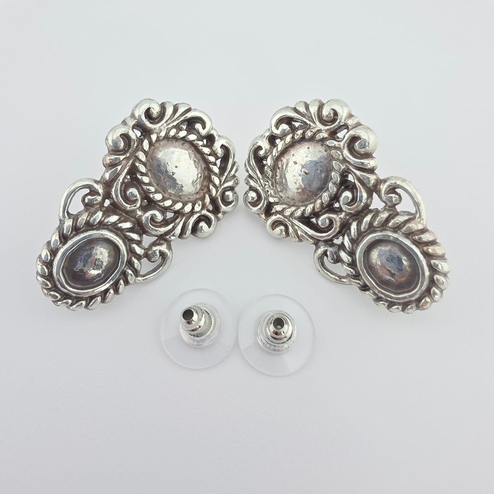 BRIGHTON Earrings Retired Western Hammered Twisted Rope Scrollwork Silver Plate